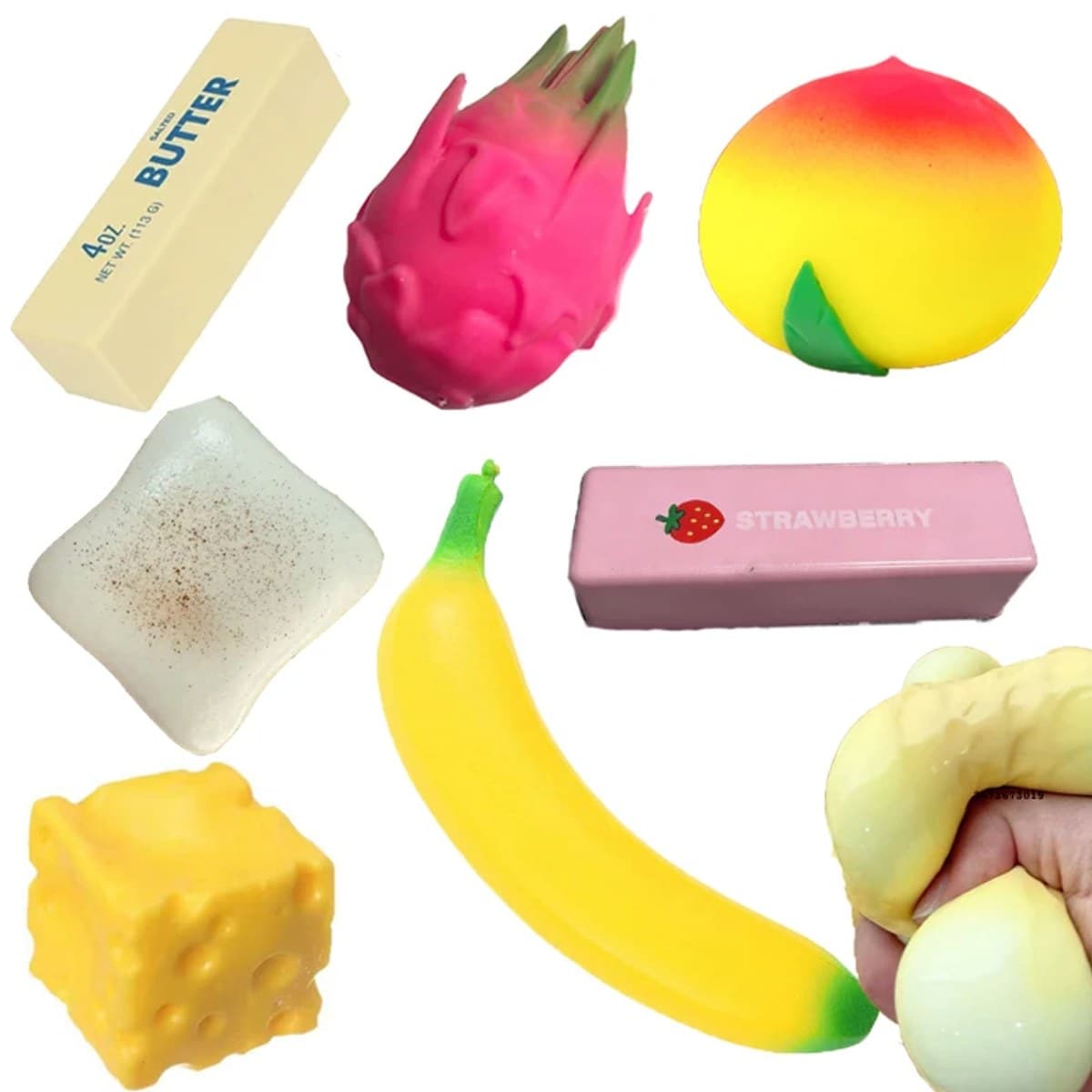 14 Squishys Antiestresse: Pão, Queijo, Frutas. Brinquedos Macios de Lento Retorno